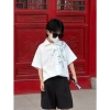 New Chinese-style summer shirt set for boys, bamboo print short-sleeved loose casual top, trendy two-piece set details Picture